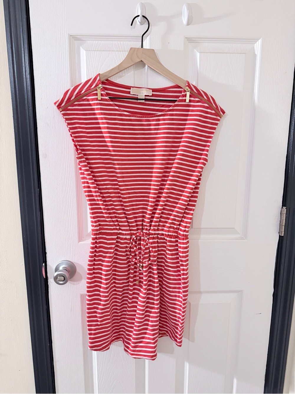 Michael Kors Red and White Striped Drawstring Waist Dress